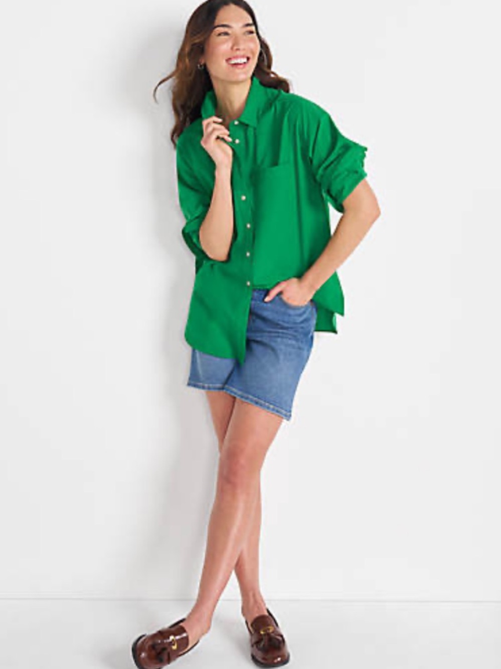 Lands End Relaxed Green Button-Front Women's Shirt